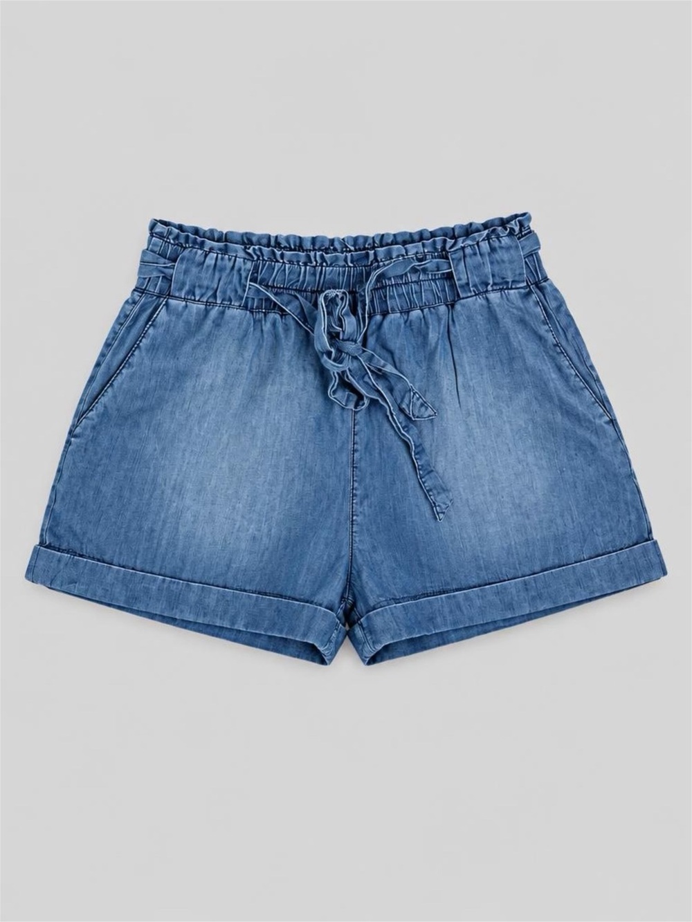 Sneak Peek Light Blue Denim Chambray Paperbag Tie-Waist Shorts
